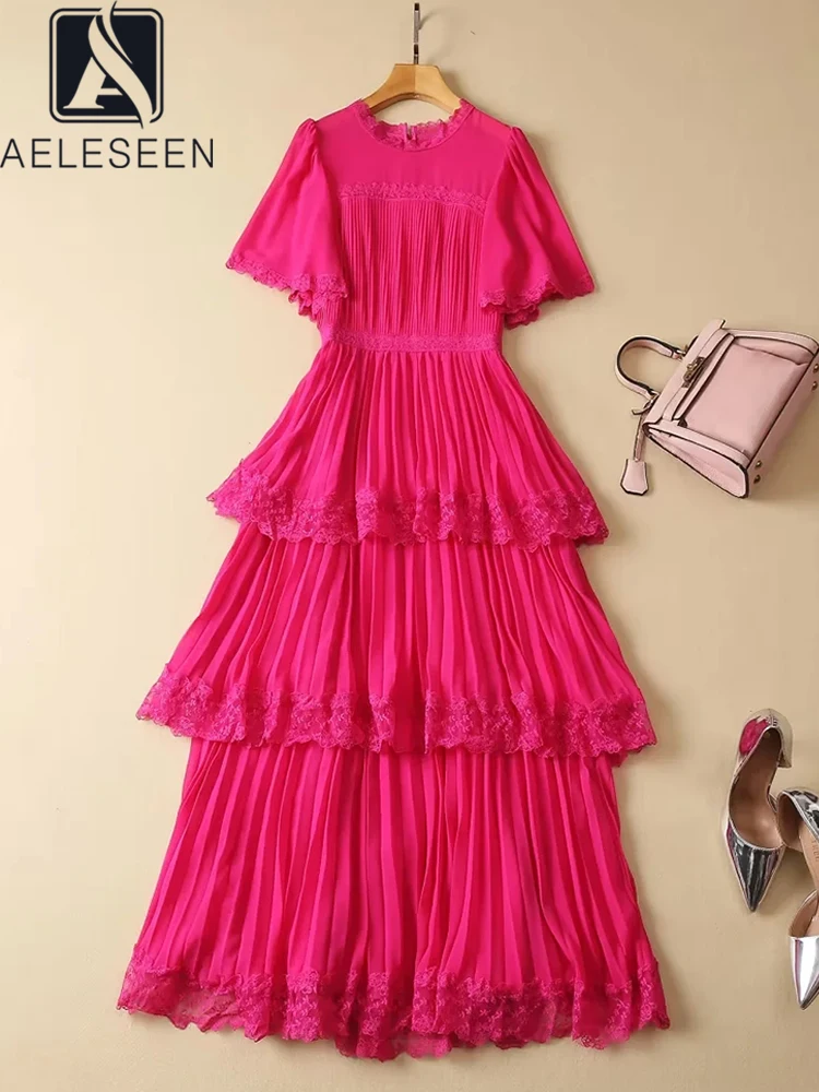 

AELESEEN Women Summer Dress High Quality Runway Fashion Flare Sleeve Rose Red White Pleated Cascading Ruffles Elegant Long Party