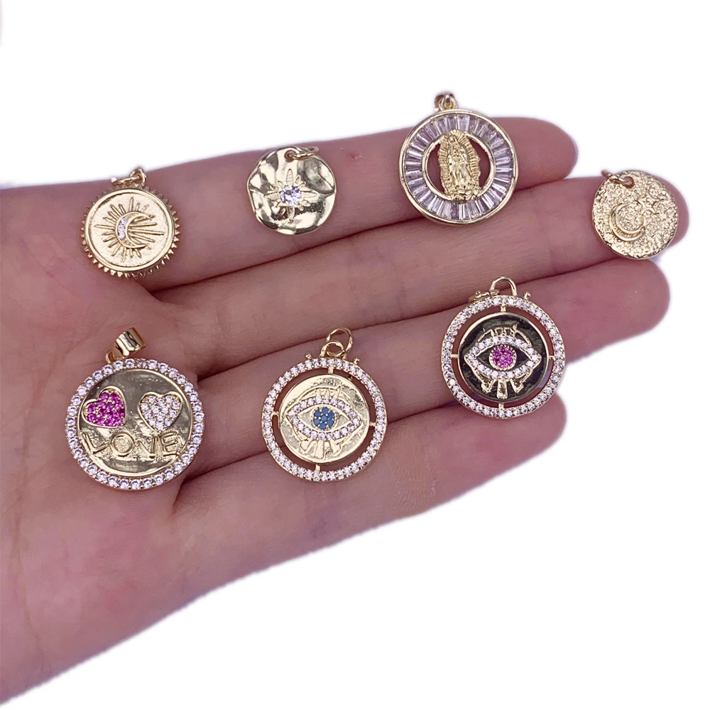 

Fashion Gold Plated Round Moon/Sun/Jesus /Love/ Heart/Demon Eyes Pendant DIY Zircon Jewelry Making Necklace Bracelet Accessories