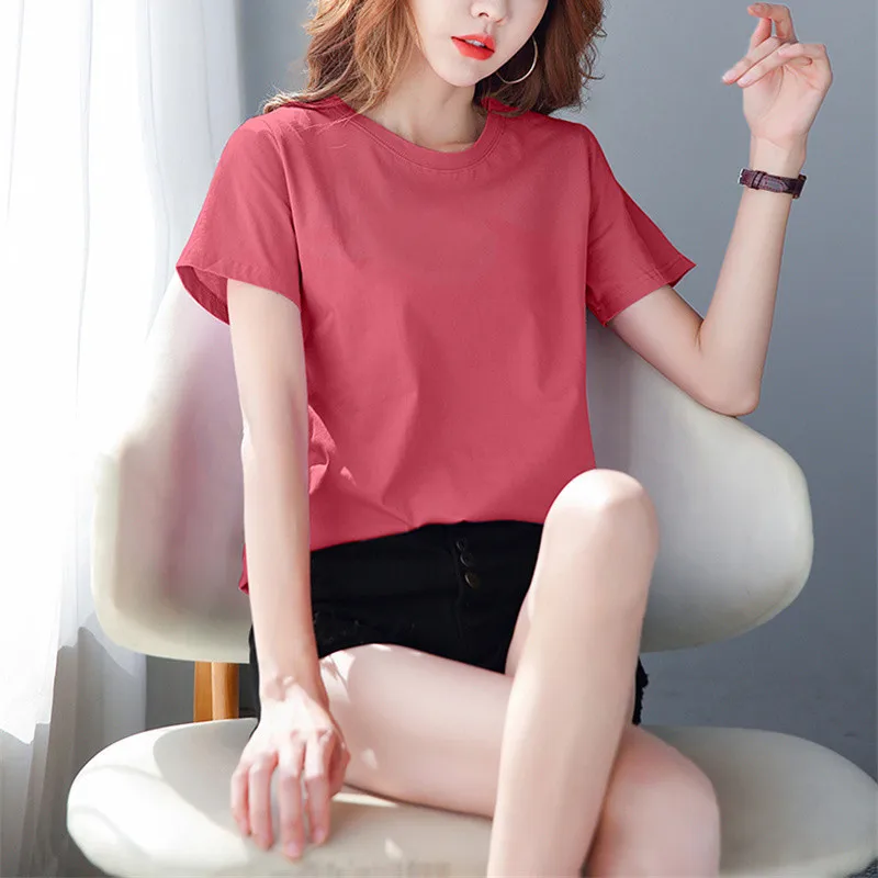 

Basic 2022 Brand New 100% Cotton Women's T-Shirts Short Sleeves Solid Color Women T shirt for Female T-shirt Tops