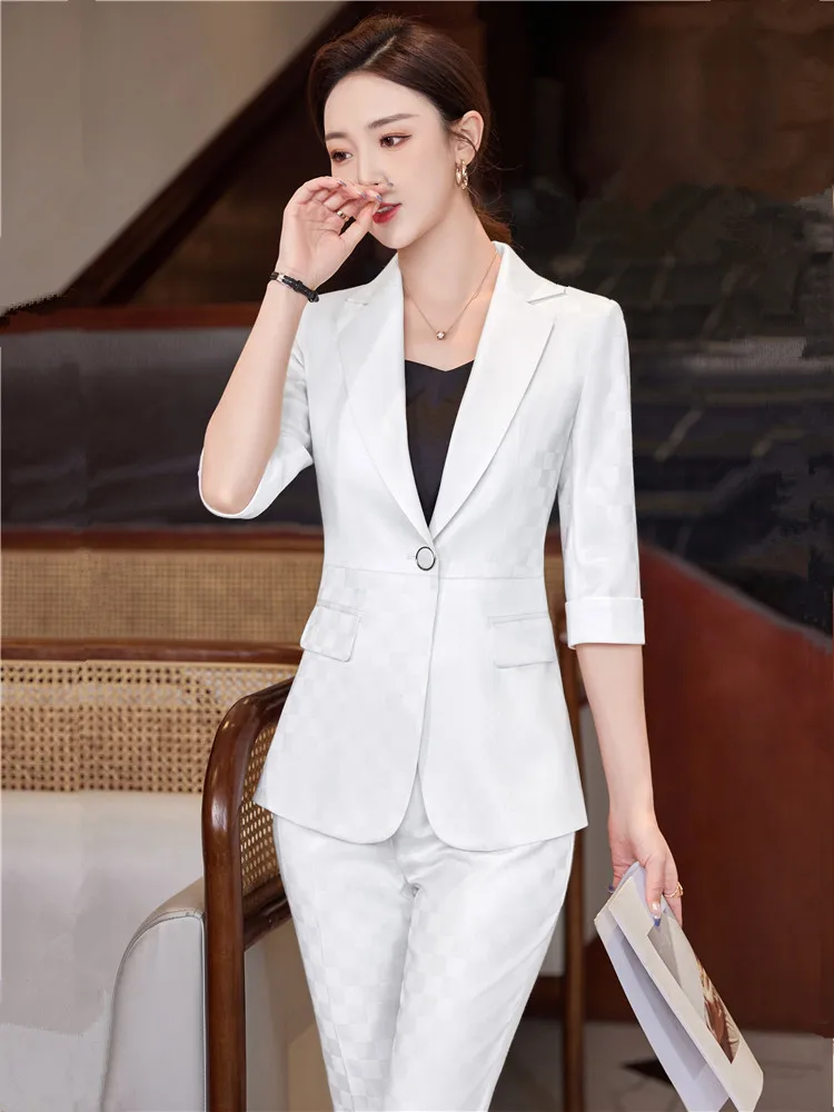 Summer Women Pants Sets 2023 New in Gray White Black Half Sleeve Blazer &Trousers Suit Chic Ladies Elegant Business 2 Piece Set