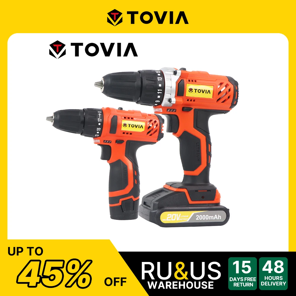 T Tovia Electric Drill Cordless Screwdriver 12V 20V  2000mAh Battery Lithium-Ion Power Drill 3/8-Inch for Drilling