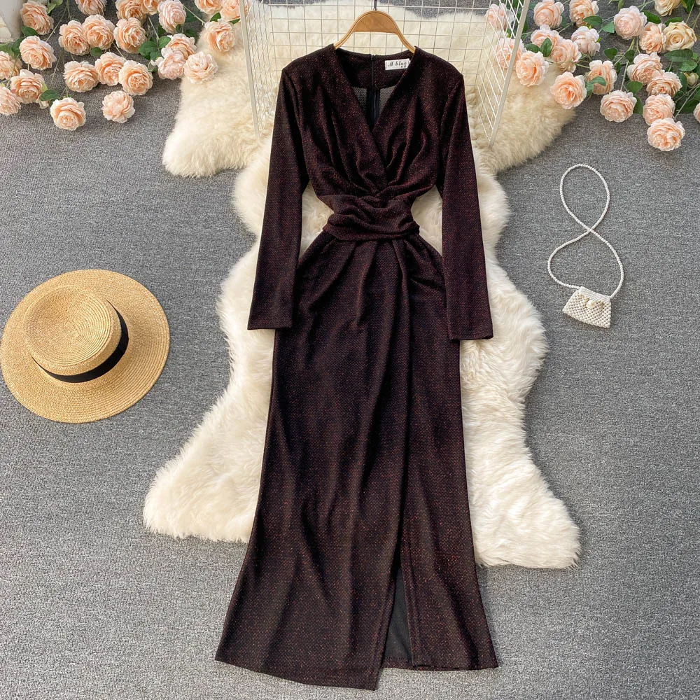 

D575 женское модное корейское яркое шелковое сексуальное платье с V-образным вырезом и длинным рукавом женское платье с разрезом на бедрах од...