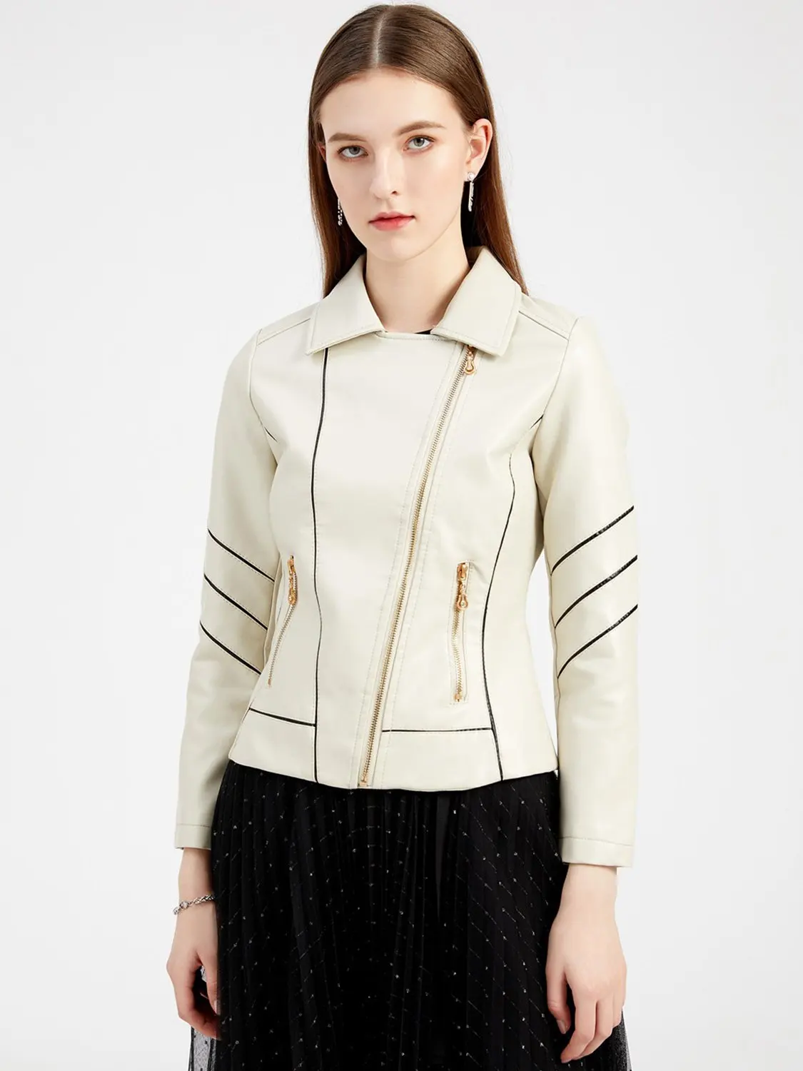 

Women's Thin PU Short Jacket Spring Autumn Solid Color Lapel Collar Long Sleeve Casual Jacket Wish Motorcycle Clothing