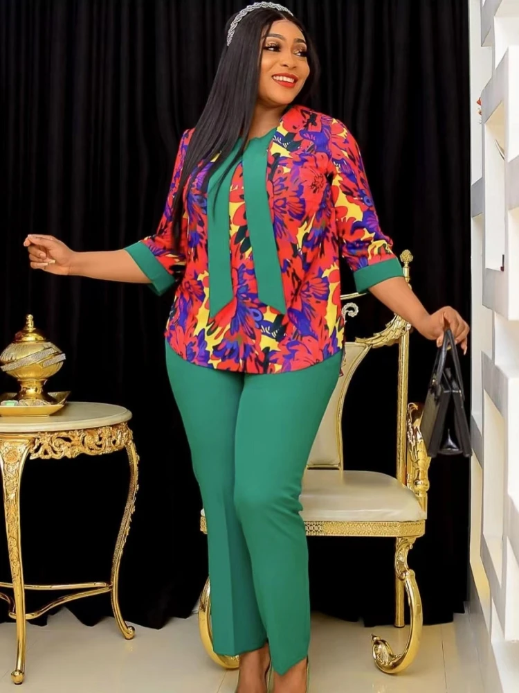 

2 Pieces Women's Sets Summer Autumn Flower Print Blouse Shirt Suit Tops And Pants Suits Two Piece Set Tracksuit Outfit