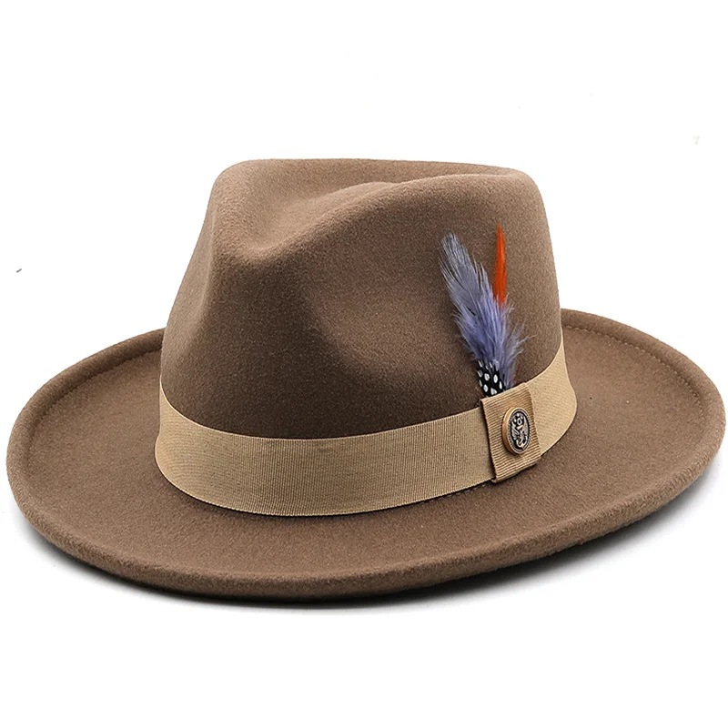 

New Feather band Wool Felt Jazz Fedora Hat Women Unisex Wide Brim Panama Party Trilby Cowboy Cap Men Gentleman Wedding Hat