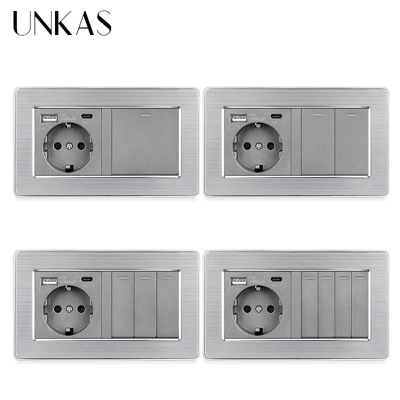 

UNKAS Gray Type C Wall USB Port EU Standard 16A Socket 1 2 3 4 Gang 1 / 2 Way On / Off Push Button Stainless Steel Panel Outlet