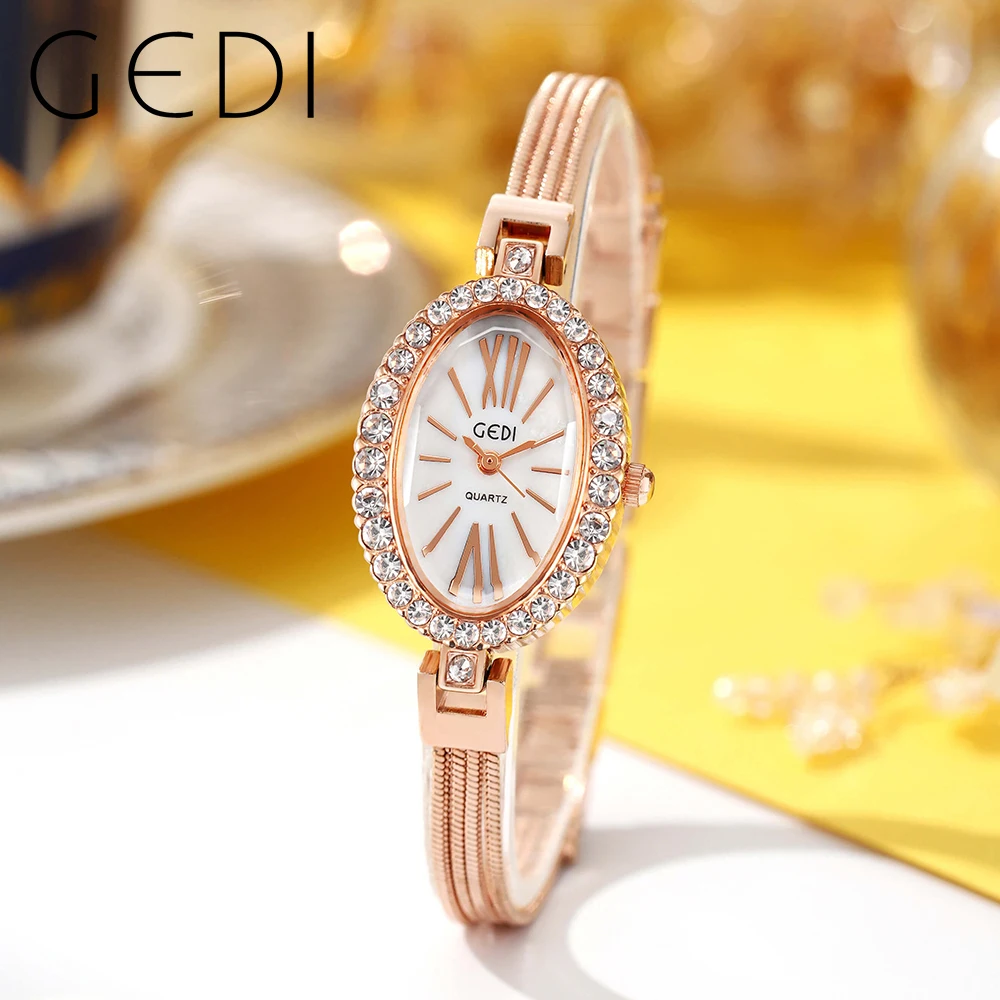 

GEDI Luxury Oval Full Diamond Ladies Watches Waterproof Fashion Rose Gold Stainless Steel Bracelet Watch for Women Quartz Clock