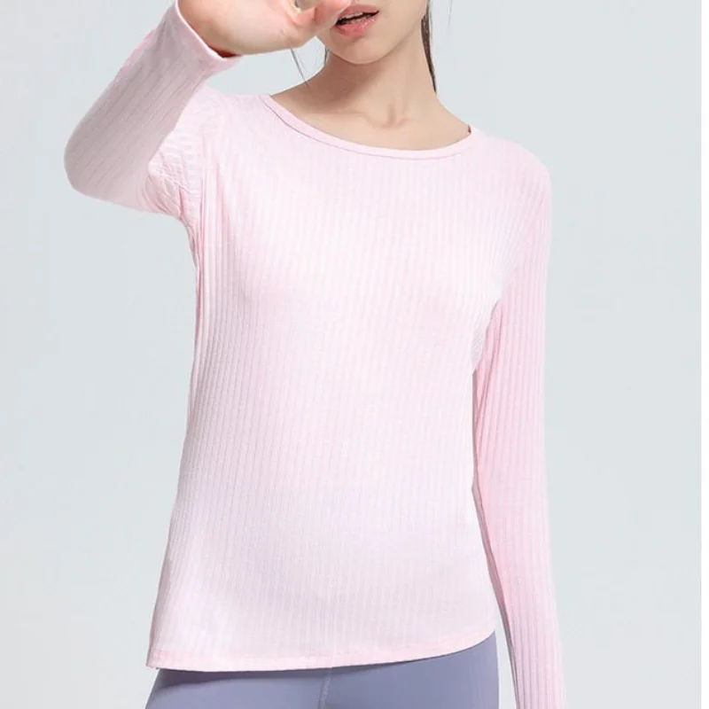Women's Long-sleeved Ribbed Sports Top Quick Dry Fitness Yoga Irregular Shirts Slim Breathable Round Neck Gym Running Clothing