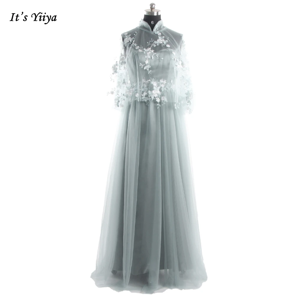 

It's Yiiya Evening Dresses Green Tulle High Collar Half Sleeves Lace up Plus size A-line Floor Length Women Party Dress R067