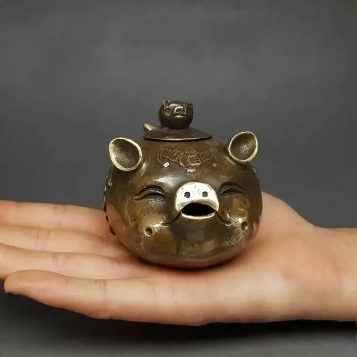 Китайский античный бронзовый чайник со знаками Зодиака свинья летучая мышь