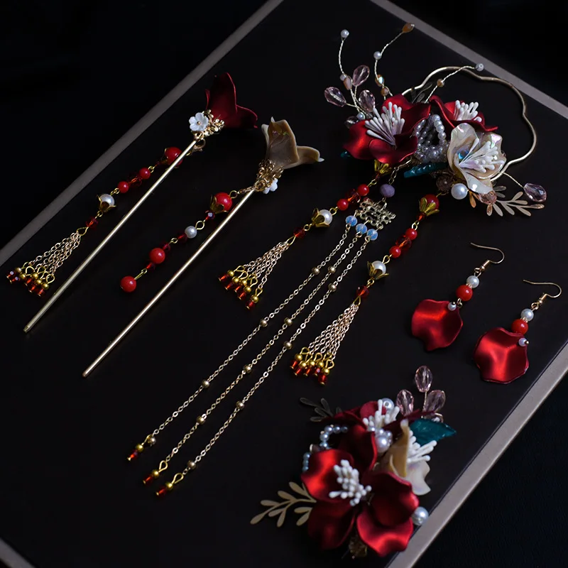 

Chinese Wedding Tiara Cheongsam New Red Hair Wear Sets Bride Costume Headpiece Women Hair Jewelry