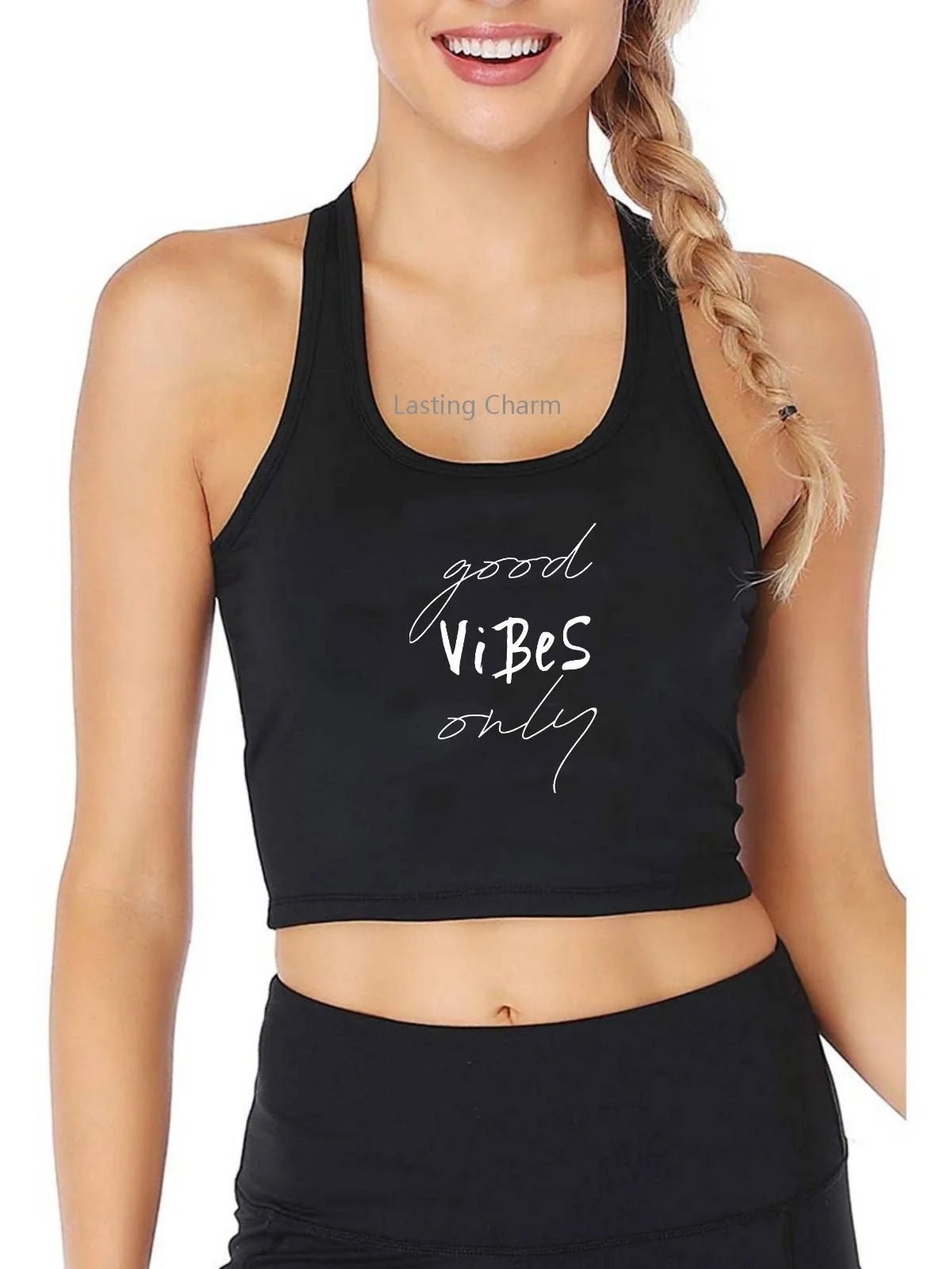 

Good Vibes Only Design Breathable Slim Fit Tank Top Women's Customization Yoga Sports Training Crop Tops