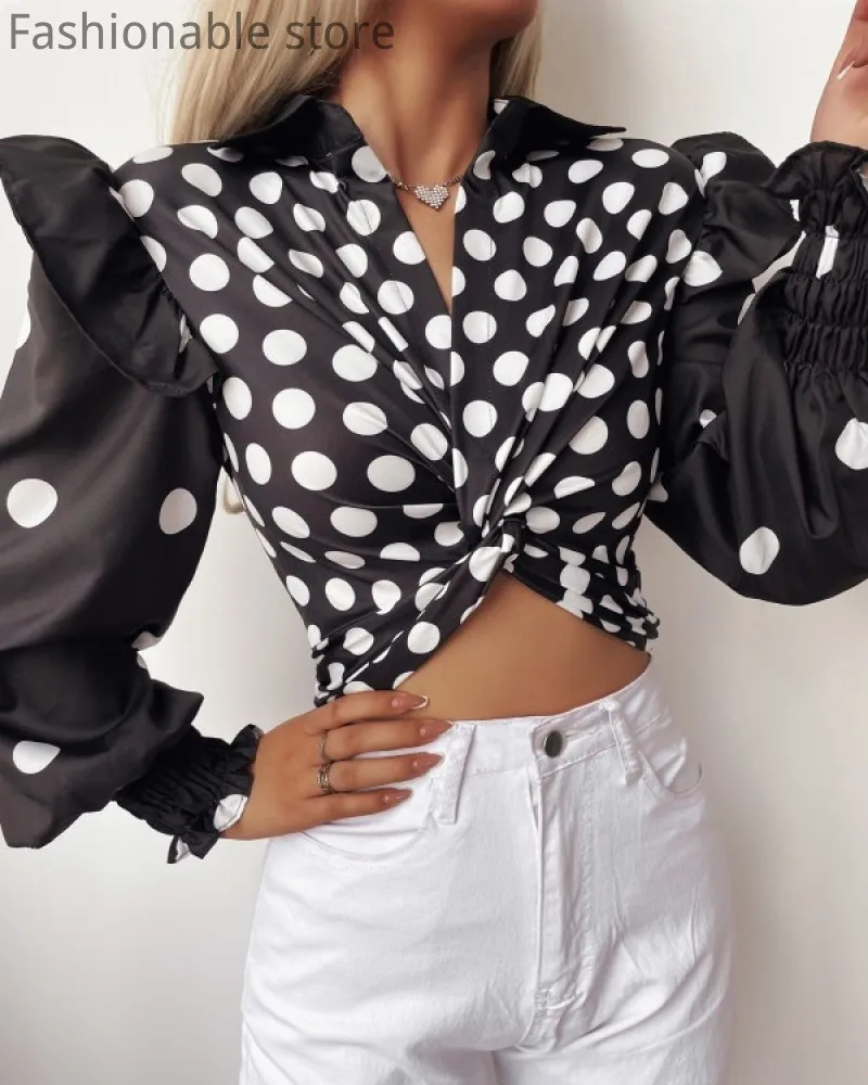 

Women Casual Polka Dot Print Ruffle Design Twisted Shirred Blouse