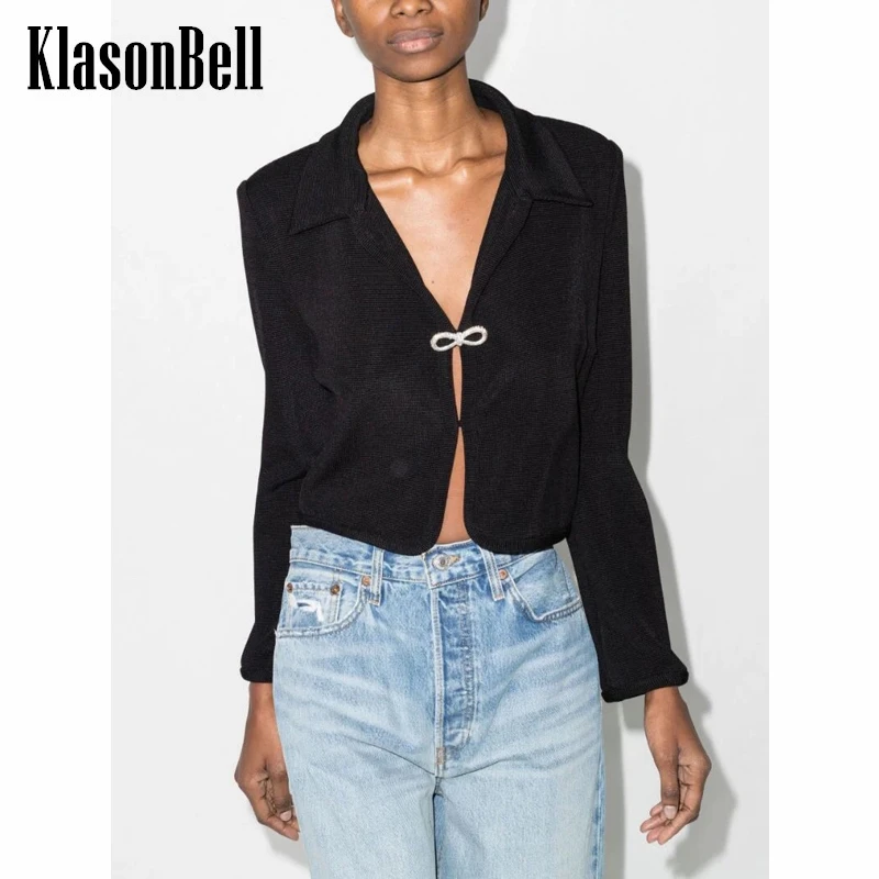 

8.31 KlasonBell Sweet Sexy Bow Rhinestone Decoration Black Short Knitted Cardigan Women