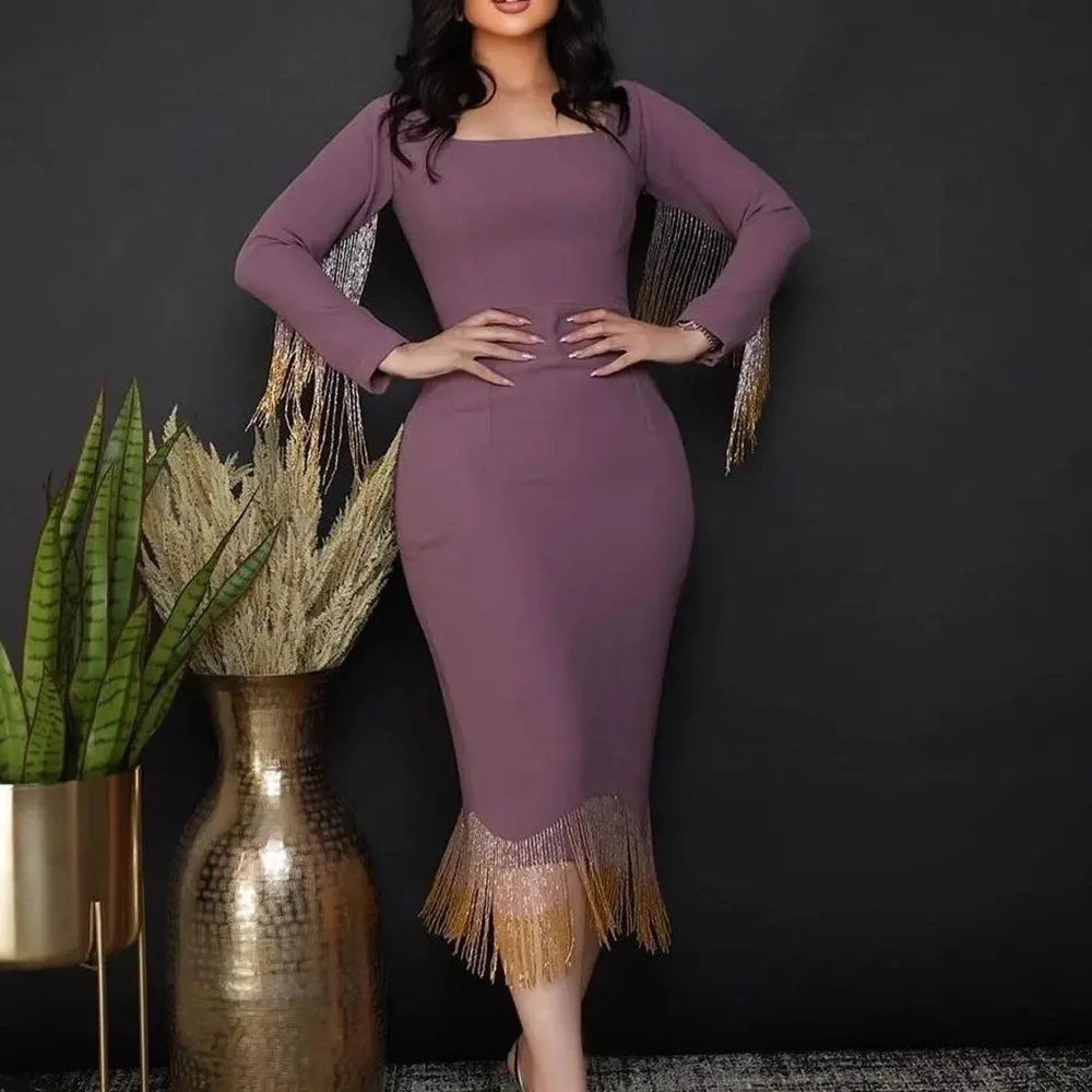 

Dress Women Sexy Square Neck Women Dresses 2022 Hot Vintage Tassel Female Retro Dresses Purple Elegant OL Dresses