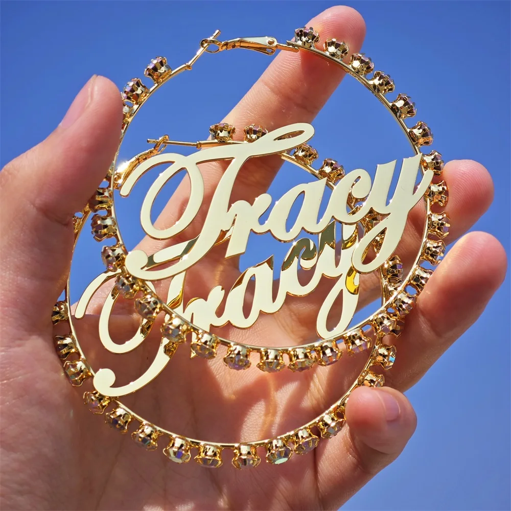Fashion 18k Gold Plated Custom Name Hoop Earring Pave Diamond Personlized Letter Crystal Earrings Women Colorful Gifts Jewelry