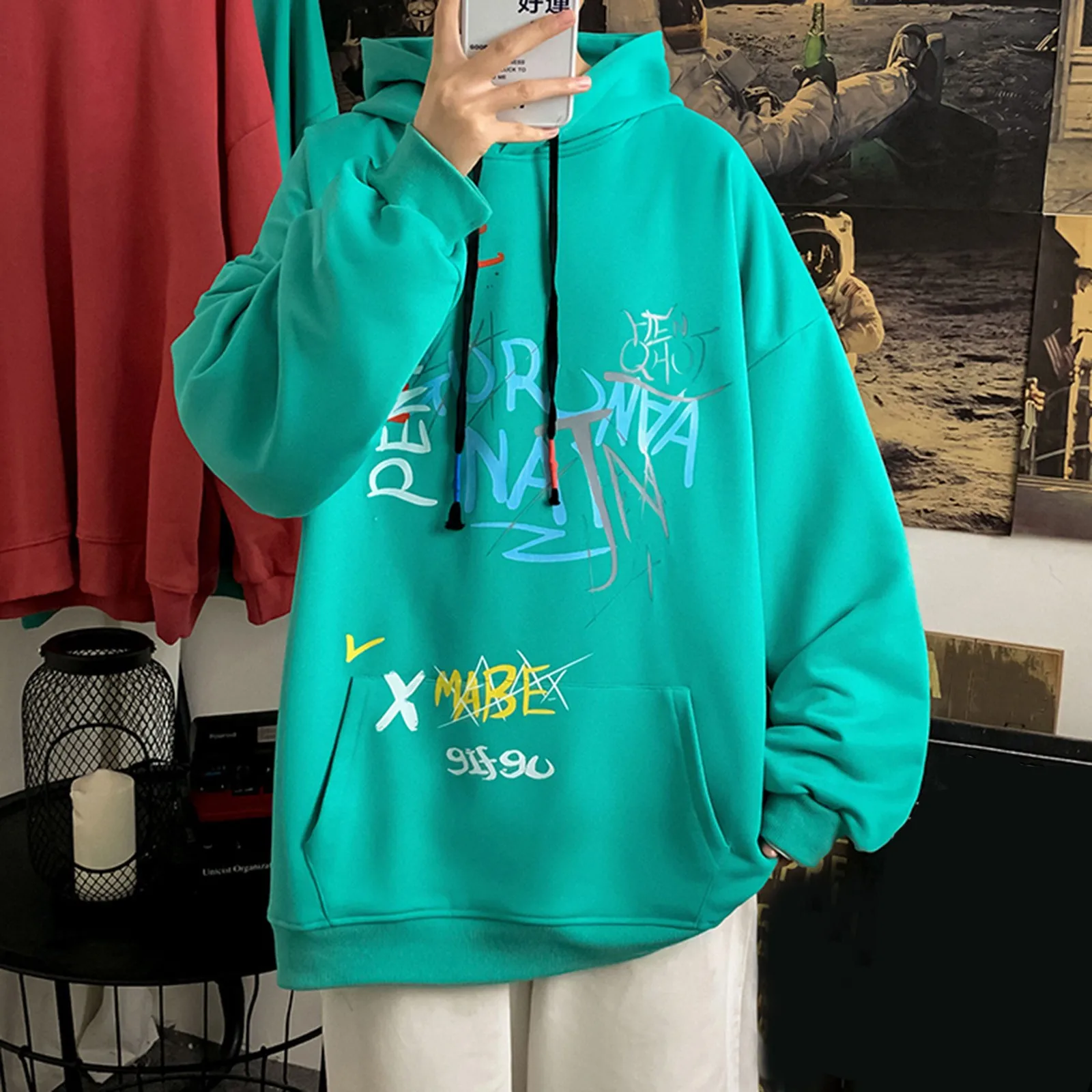 

over Mens Autumn And Winter Loose Youth Fashion Casual Sports Printed Pullover Hoodie Top Glitter Slipper