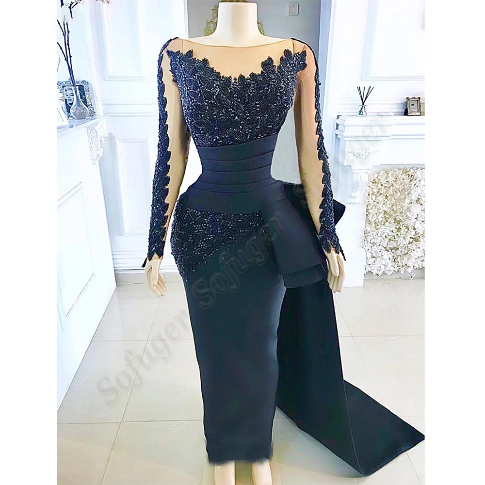 

SOFUGE Scoop Full Sleeve Mermaid Evening Dresses Long Luxury Lace Appliques Saudi Arab Celebrity Robes De Soirée Customised