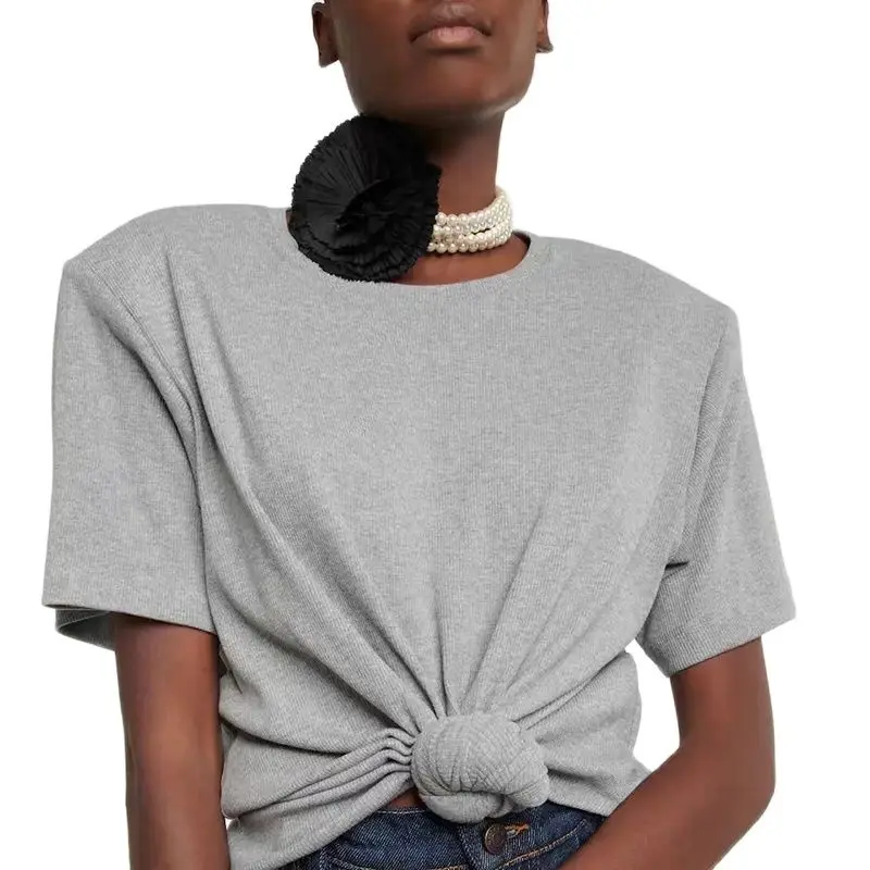 

Advanced gray twisted knot ladies short-sleeved T-shirt 2023 summer new cotton round neck loose tops y2k hundred with women