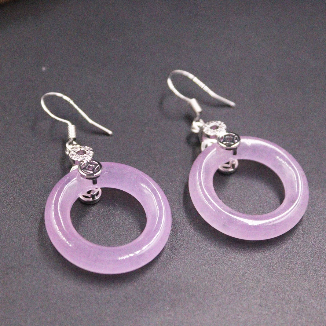 

Real Chinese Jade Gp Earrings 18K Gold Plated For Women Purple Circle Jadeite Chalcedony Heating Jade Earrings Hook 44*24mm