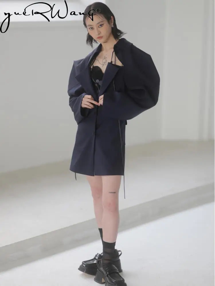 

YUERWANG Женский блейзер одежда с роговыми рукавами на шнуровке с вырезами однобортный свободный длинный женский черный блейзер пальто весна ...