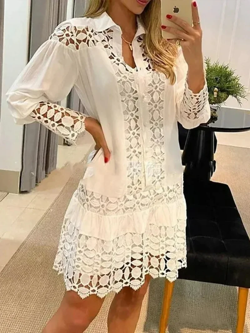 2023 New Lace Stitching Sexy Dress for Women Solid Color Long Sleeve Hollow Out Casual Shirt Dresses