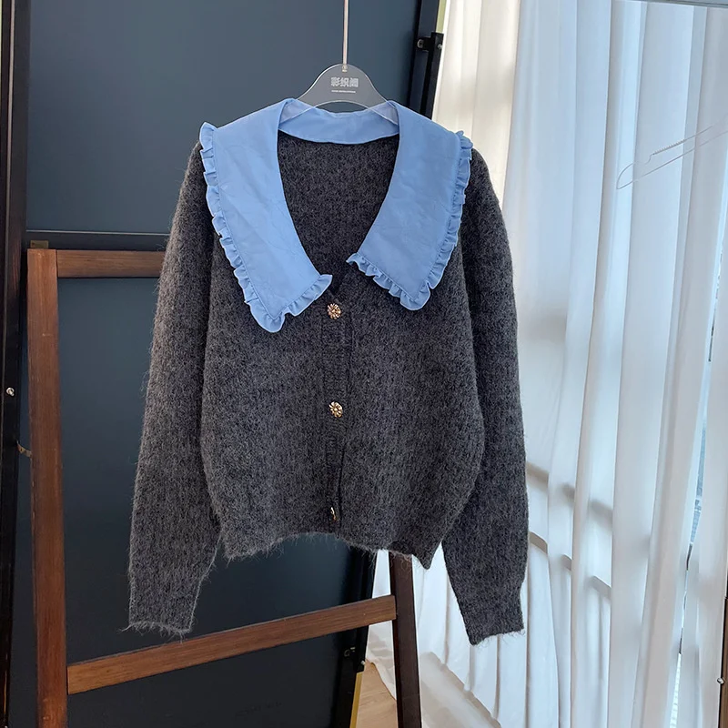 Women's Flower Baby Neck Button Up Gray Sweater Knitwear Outwear Winter Sweater Coat