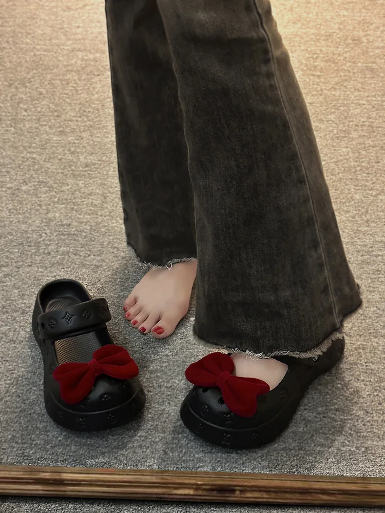 Пористая обувь с бантом 2 модели верхняя одежда полутапочки закрытым носком 02