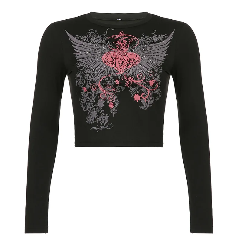 

Harajuku Punk Women Y2K Fairy Grunge Long Sleeve Top Vintage Slim Graphic O Neck Love Feather Plant Print T Shirt Black T Shirt
