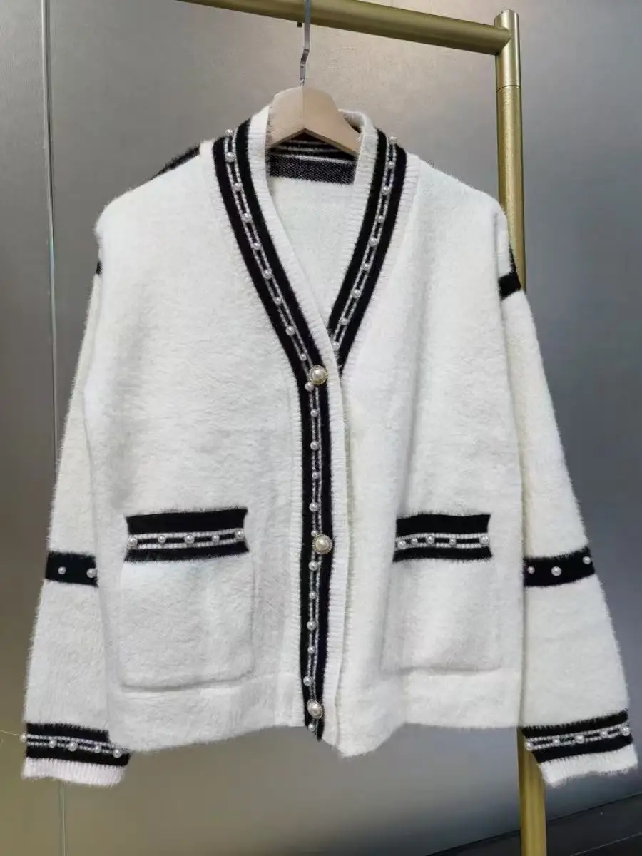 Настоящее фото роскошный стиль жемчуг бисер стежка трикотаж толстый кардиган