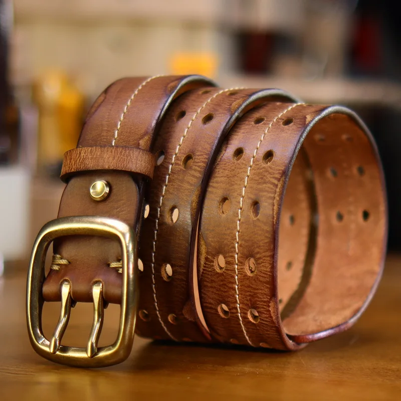 Vintage Men's 3.8cm Wide Double Breasted Belt 100% Cowhide Double Copper Buckle Handmade Heavy Duty Belt Fashion Jeans Belt