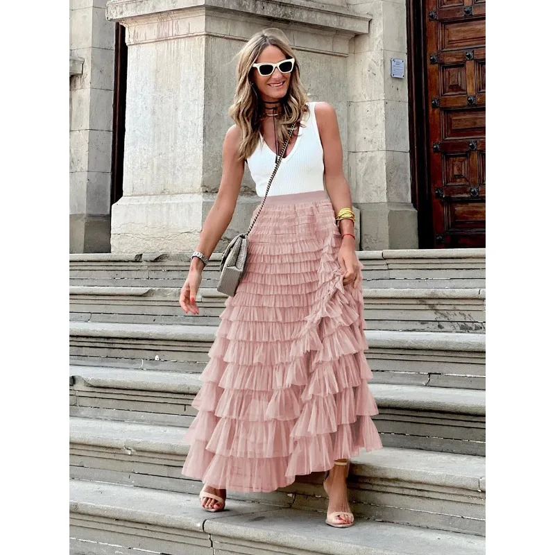 Однотонная многослойная юбка с оборками сетчатая Y2k из тюля плиссированная