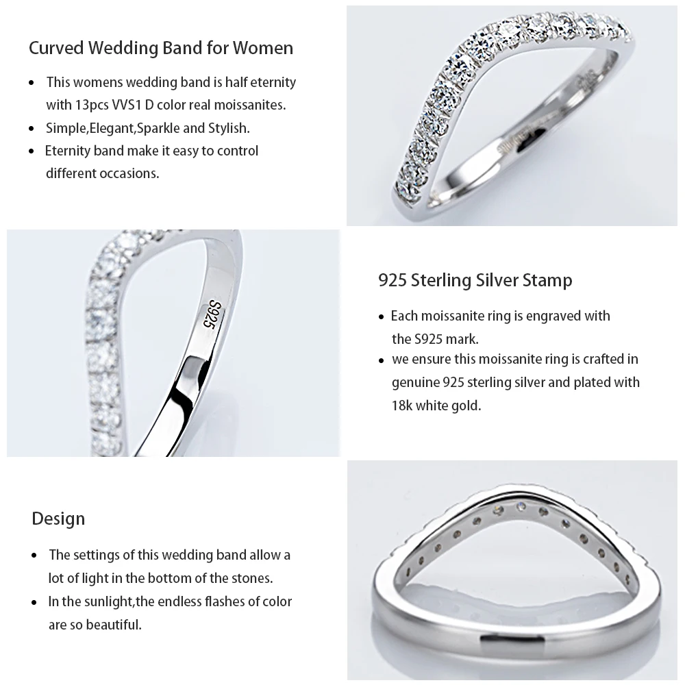 M-JAJA Moissanite Ring Curved Wedding Band 925 Sterling Silver Engagement Rings D VVS1 0.39ct Lab Diamond Jewelry for Women Gift (art.: 3920cd6dc560e) - 3920cd6dc560e