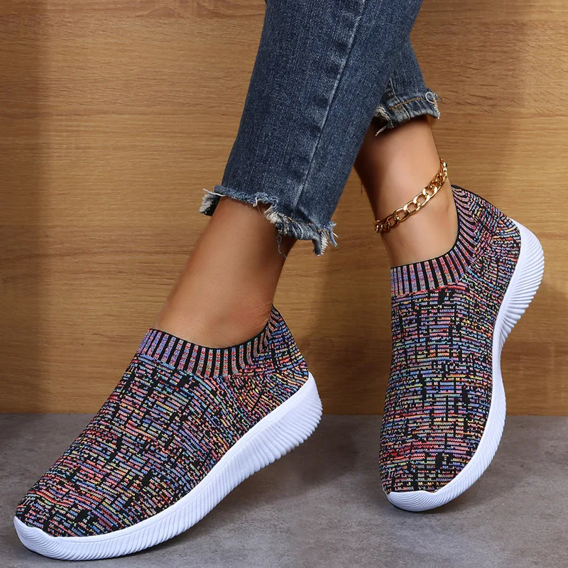 

Summer Women Flying Woven Shoes Leisure Breathable Elastic Cloth Sports Shoes Fashion Running Shoes Slip-On Sneakers Color Shoes