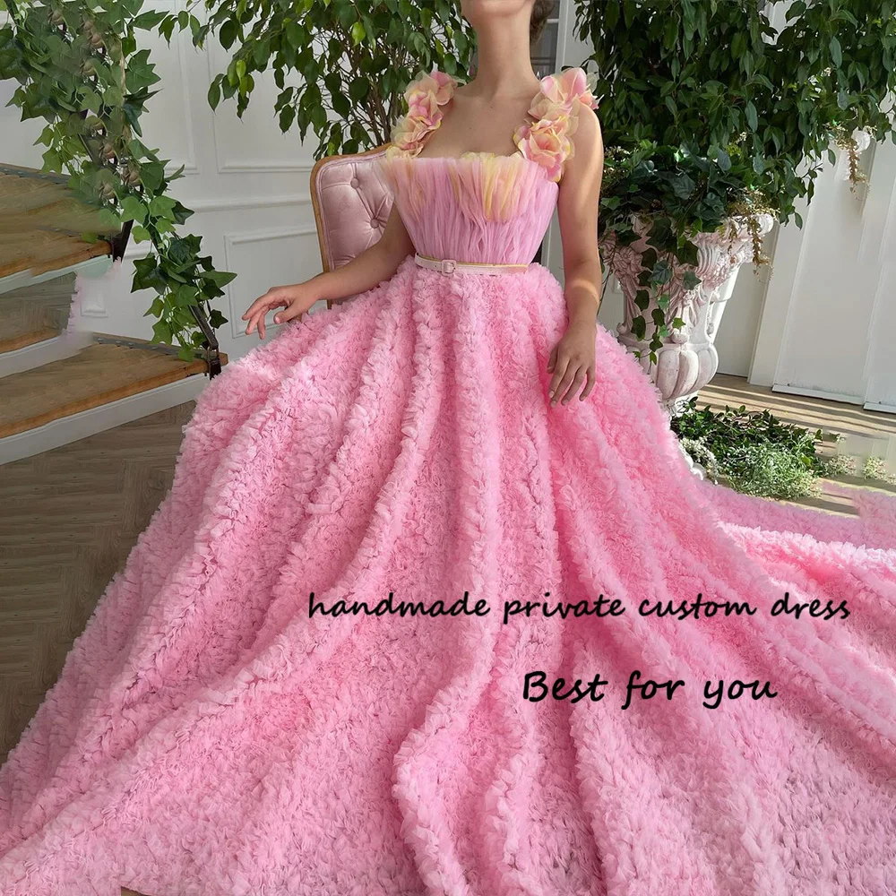 

Pink Tulle Luxury Prom Dresses Flowers Straps Strapless Celebrate Party Dress A Line Long Evening Gowns Custom Made