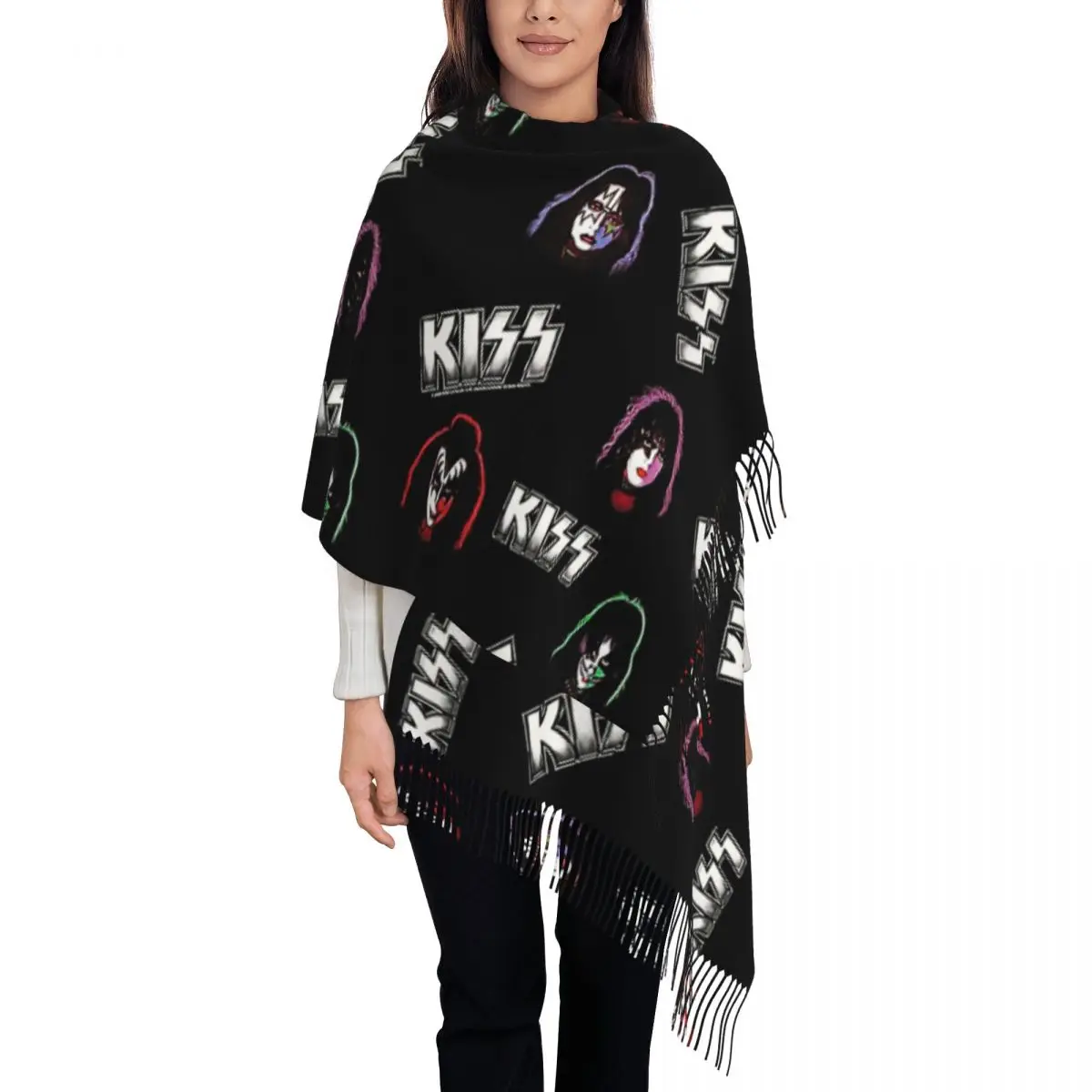 

Женский шарф с кисточкой с логотипом группы Kiss Band, большая зимняя теплая шаль и шарф, рок-рулон, подарки, шарфы из пашмины