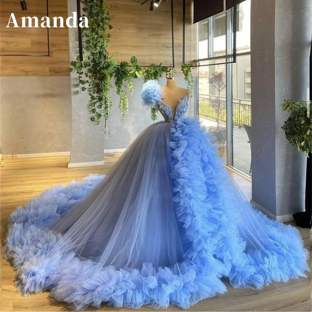 

Amanda Luxury Baby Blue Prom Dress 2023 Glitter Ball Gown Vestidos De Noche Sexy Long Sweep Tail فساتين مناسبة رسمية