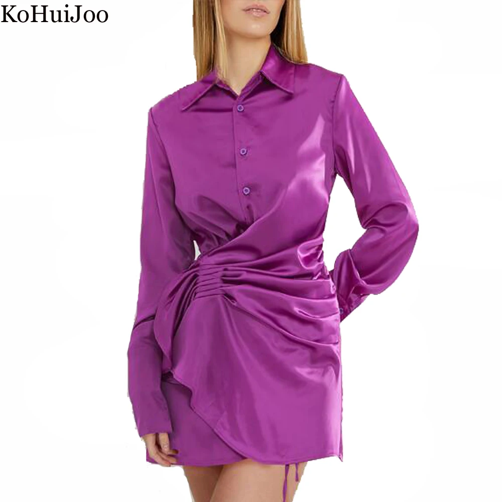 

Осенние женские платья KoHuiJoo 2022, ацетатное платье с отложным воротником и длинным рукавом, тонкое Бандажное платье со складками, Короткое Се...