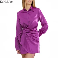 kohuijoo 2022 autumn women dresses acetate turn down collar long sleeve slim bandage fold dress short sexy dress purple