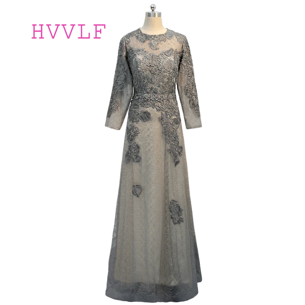 

Real Photo Gray Mother Of The Bride Dresses A-line Long Sleeves Tulle Lace Plus Size Long Groom Mother Dresses For Wedding