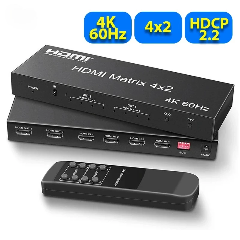 Фото Матричный коммутатор 4K 60 Гц HDTV 4 входа 2 выхода, HD 2.0, с оптическим и аудиовыходом 3.5 мм, конвертер HDCP2.2 EDID №3