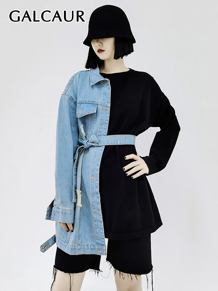 

GALCAUR Asymmetrical Patchwork Belt Jacket For Women Lapel Long Sleeve Colorblock Coat Female Vintage Clothing Autumn 2022 Style
