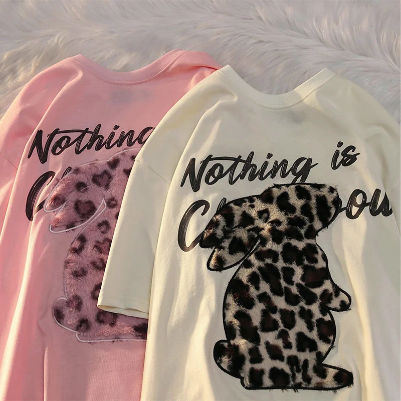 

Футболка женская с коротким рукавом, плюшевая ретро-футболка с вышивкой, с леопардовым принтом кролика, летняя одежда свободного покроя для...
