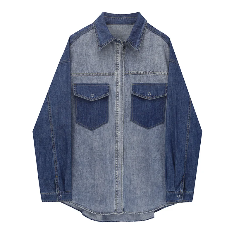 

Spring 2022 Pocket Single-breasted Retro Contrast Turn Down Collar Full Denim Shirt Women Jacket Top N459