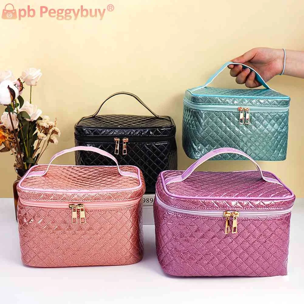 

Косметичка из искусственной кожи, вместительная клетчатая Многофункциональная портативная Водонепроницаемая квадратная сумка на молнии ...