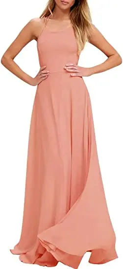 

Women's Halter A-Line Long Bridesmaid Dresses Strappy Maxi Prom Dresses