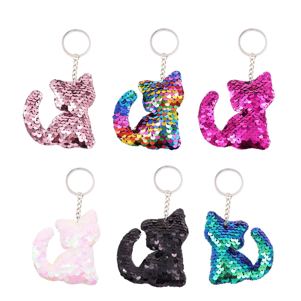 6pcs Creative Sequins Cat Keychain Fashion Keyring Hanging Key Chain Ornament Pendant (Pink Colorful Rosy Green Black Pink