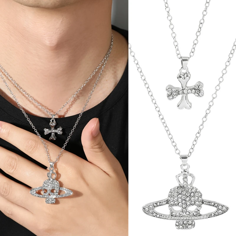 

2Pcs/Set Anime Oosaki Nana Honjo Ren Skull Cross Saturn Cosplay Necklace Jewelry Pendant Unisex Punk Hip Hop Accessories Prop