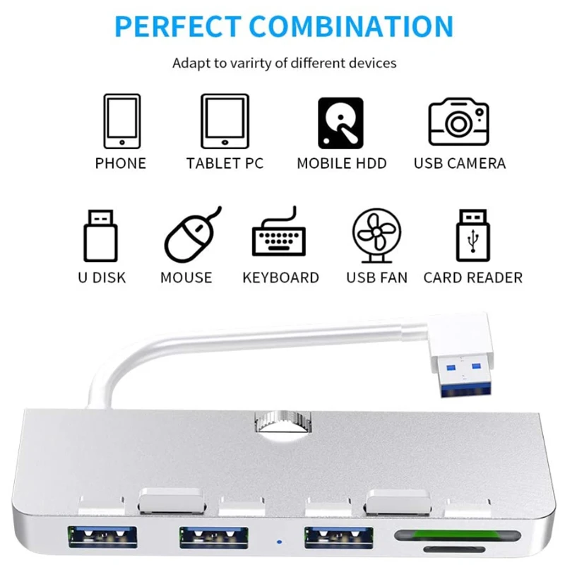 USB-концентратор Rocketek из алюминиевого сплава с 3 портами и кардридером для SD/TF-карт