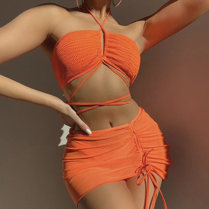 

Ribbed 3 Piece Bikinis Set With Skirt Cover Up Women'S Swimwear Female Swimsuit Ladies Three-Piece Bathing Suits Stylish Beach